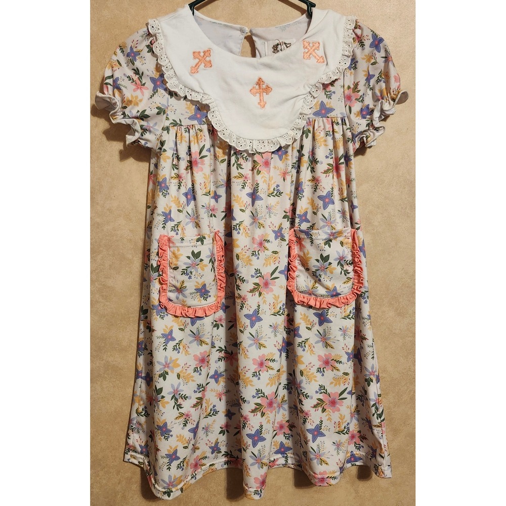 Little J's Boutique Girls Floral Cross Easter Dress White Lace Collar 8-9Y